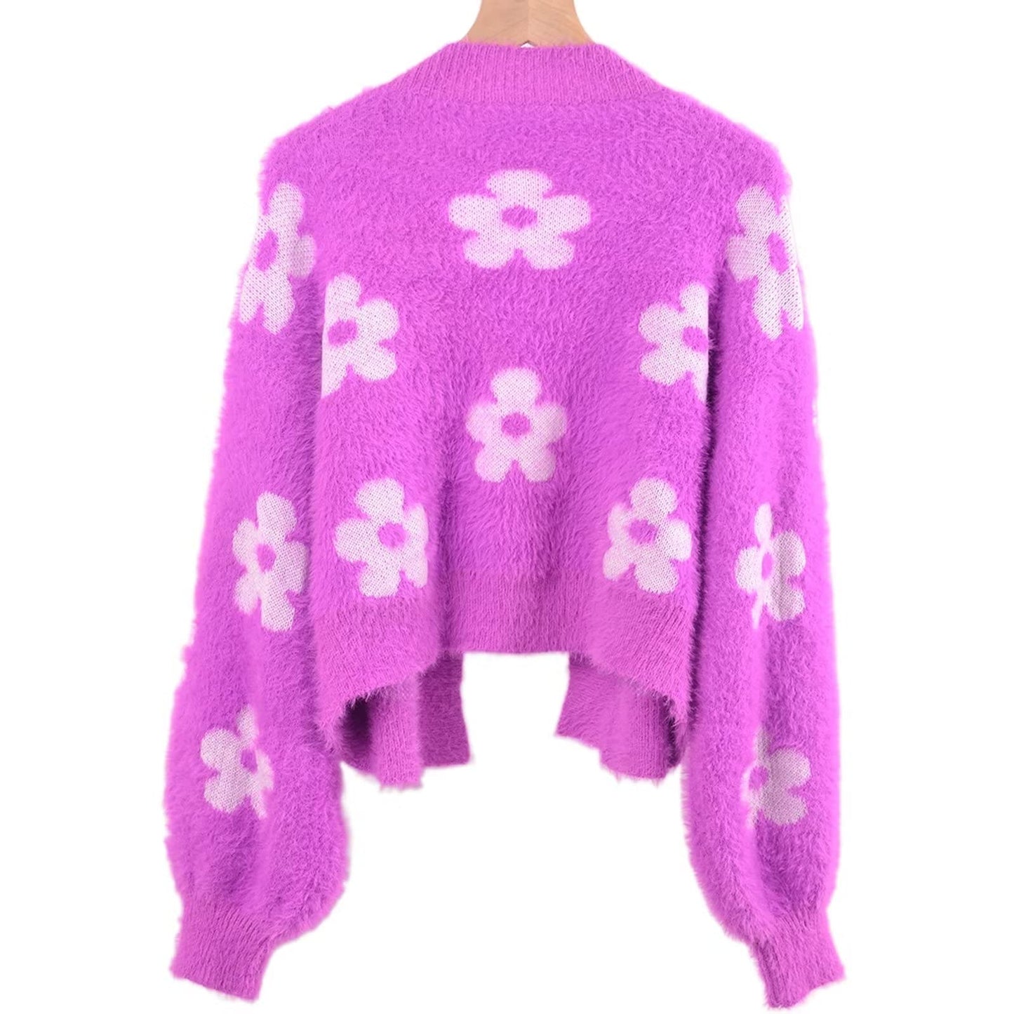 YUAKOU Women's Flower Long Sleeve Open Front Short Cardigan Casual Loose V Neck Down Knit Cardigan Sweaters Outwear