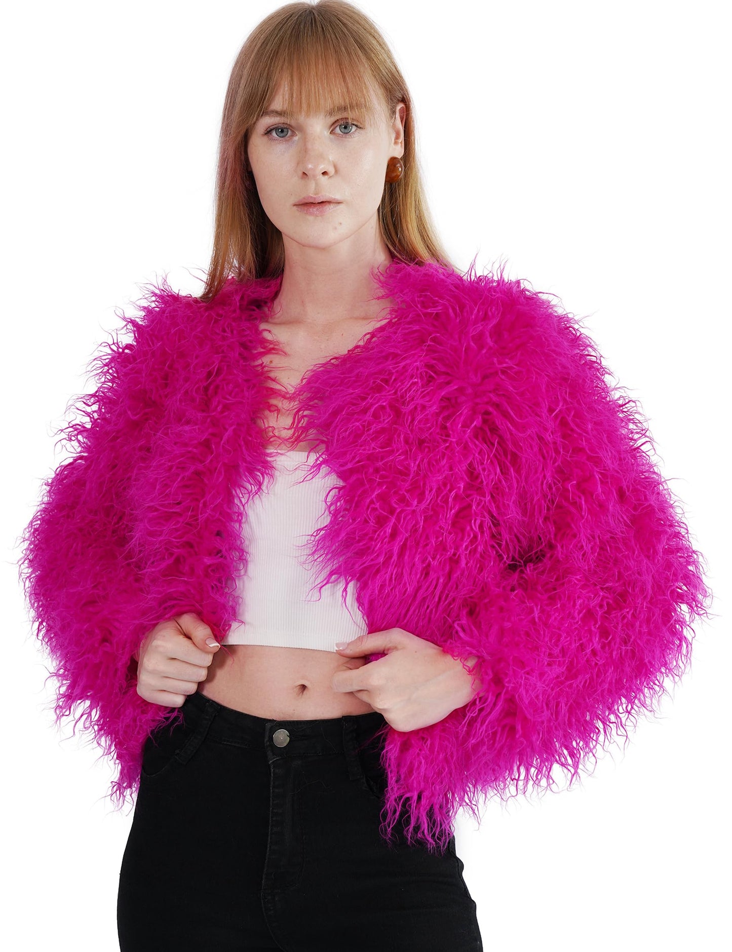 YUAKOU Women's Shaggy Faux Fur Outwear Coat Jacket Long Sleeve Warm Winter