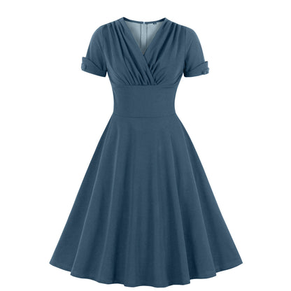 2024 Women's Summer V Neck Smocked Cotton Dresses Short Puff Sleeve Flowy A Line Maxi Dress with Pockets