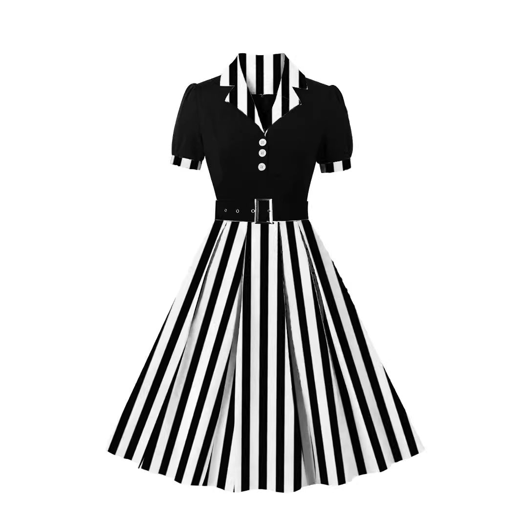 Women's Fashion Polka Dot Lapel Short Sleeved Belt Slim Fit Summer/Spring Dress