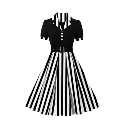 Women's Fashion Polka Dot Lapel Short Sleeved Belt Slim Fit Summer/Spring Dress