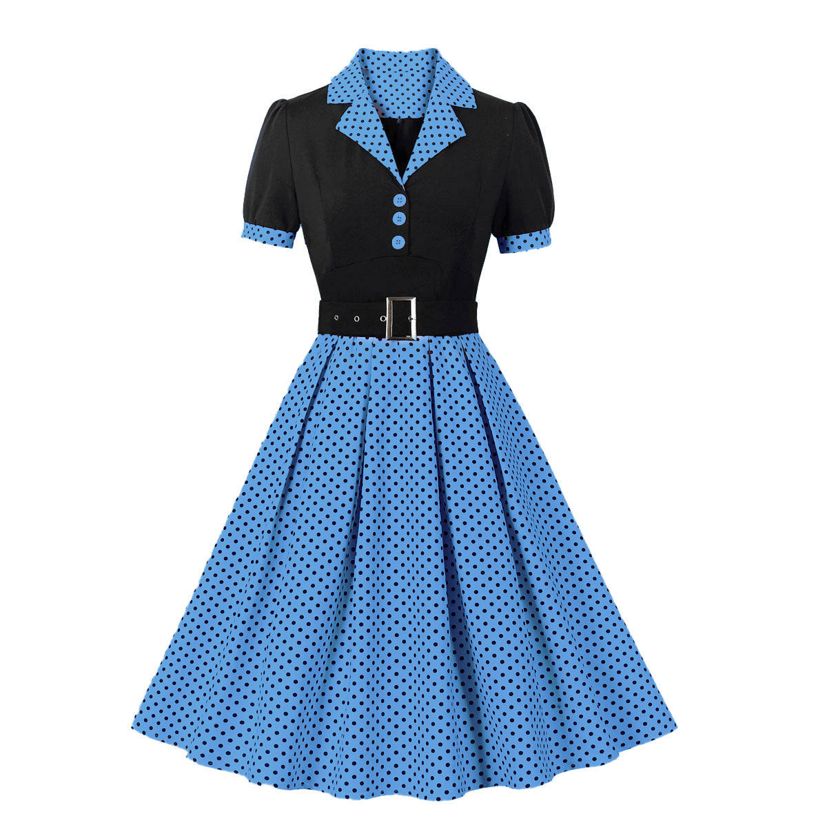 Women's Fashion Polka Dot Lapel Short Sleeved Belt Slim Fit Summer/Spring Dress