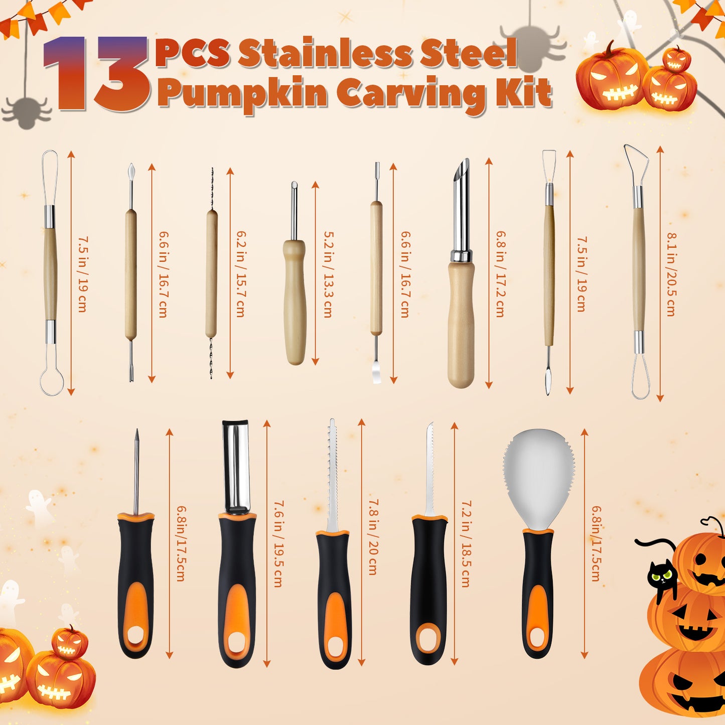 Halloween Pumpkin Carving Kit, 13 Piece Stainless Steel Pumpkin Carving Tools