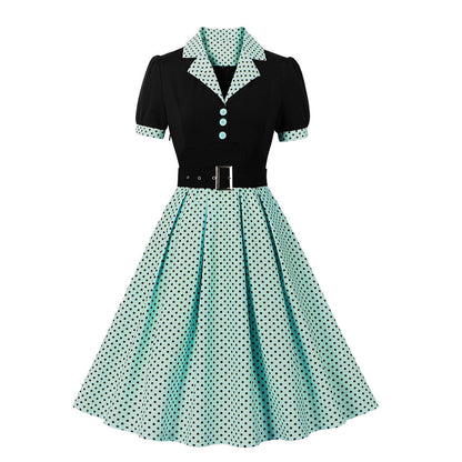 Women's Fashion Polka Dot Lapel Short Sleeved Belt Slim Fit Summer/Spring Dress
