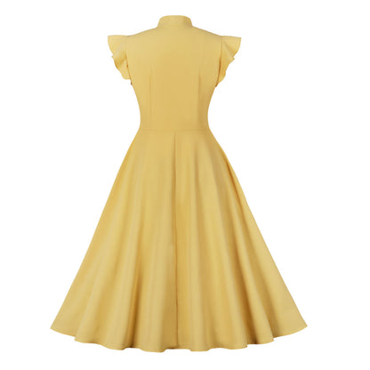 Women's Waist Cinched lace up Lotus Leaf Sleeve Large Hem Vintage Dress