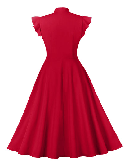 Women's Waist Cinched lace up Lotus Leaf Sleeve Large Hem Vintage Dress