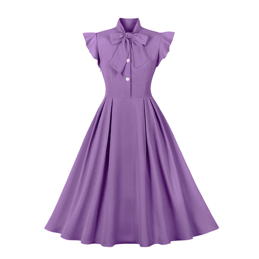 Women's Waist Cinched lace up Lotus Leaf Sleeve Large Hem Vintage Dress