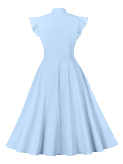 Women's Waist Cinched lace up Lotus Leaf Sleeve Large Hem Vintage Dress