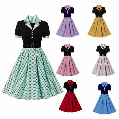 Women's Fashion Polka Dot Lapel Short Sleeved Belt Slim Fit Summer/Spring Dress