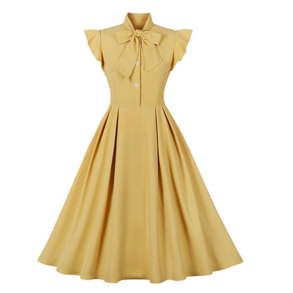 Women's Waist Cinched lace up Lotus Leaf Sleeve Large Hem Vintage Dress