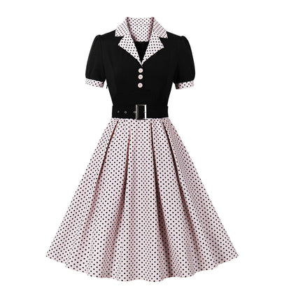 Women's Fashion Polka Dot Lapel Short Sleeved Belt Slim Fit Summer/Spring Dress