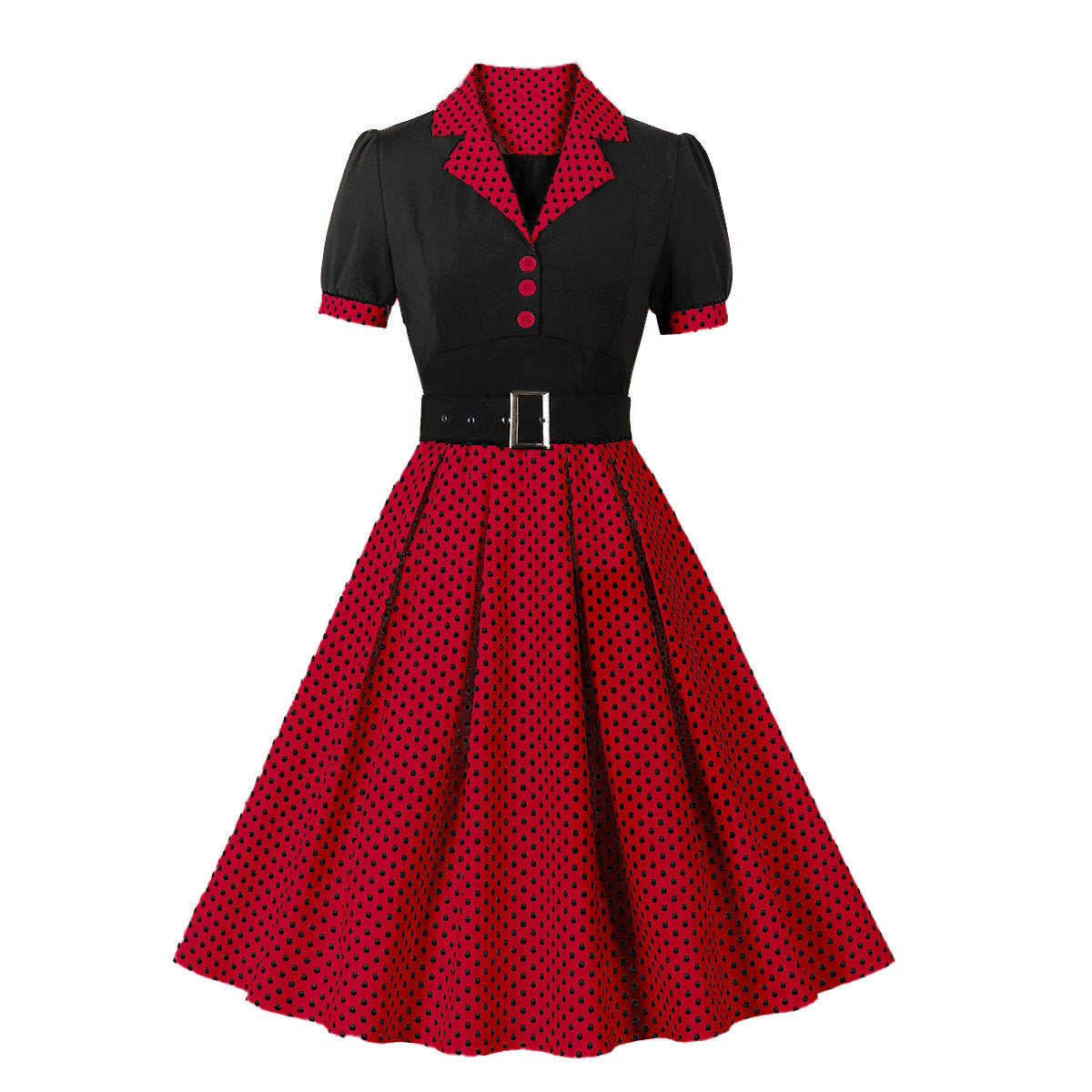 Women's Fashion Polka Dot Lapel Short Sleeved Belt Slim Fit Summer/Spring Dress