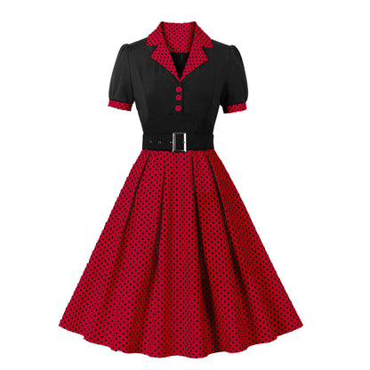 Women's Fashion Polka Dot Lapel Short Sleeved Belt Slim Fit Summer/Spring Dress