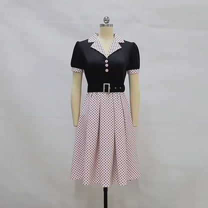 Women's Fashion Polka Dot Lapel Short Sleeved Belt Slim Fit Summer/Spring Dress