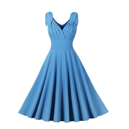 Fashion Women Fresh Pleated Waist Cinching Temperament Big Swing Dress
